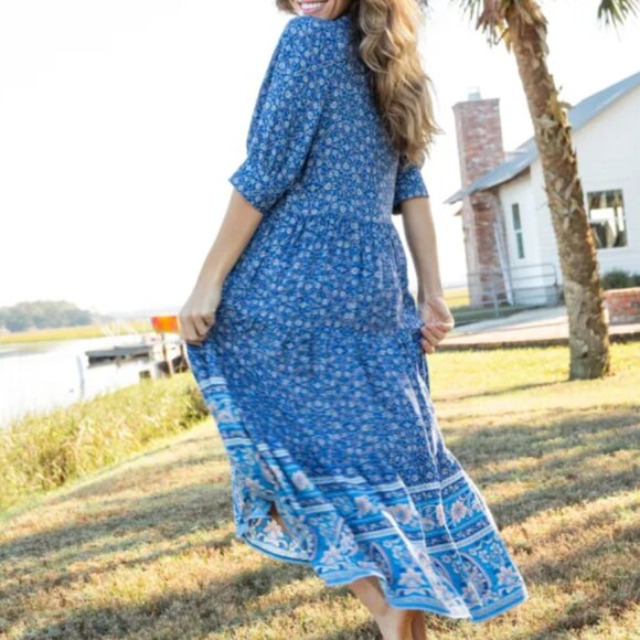 Natural Life Rebecca Blue Floral Tiered Midi Dress Blue Border Calico Print L - Picture 2 of 16